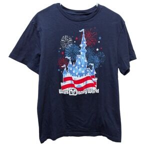 Walt Disney World T Shirt Blue Cinderella Castle patriotic Fireworks Medium